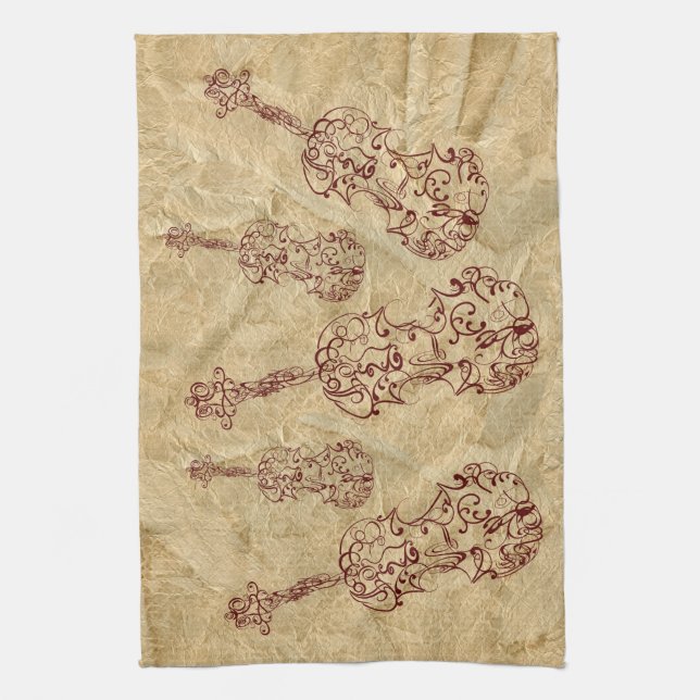 Violin Line Drawings on Old Paper Effect Kitchen Towel (Vertical)