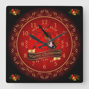 Violin ~ Merry Christmas ~ Maroon & Black ~  Square Wall Clock