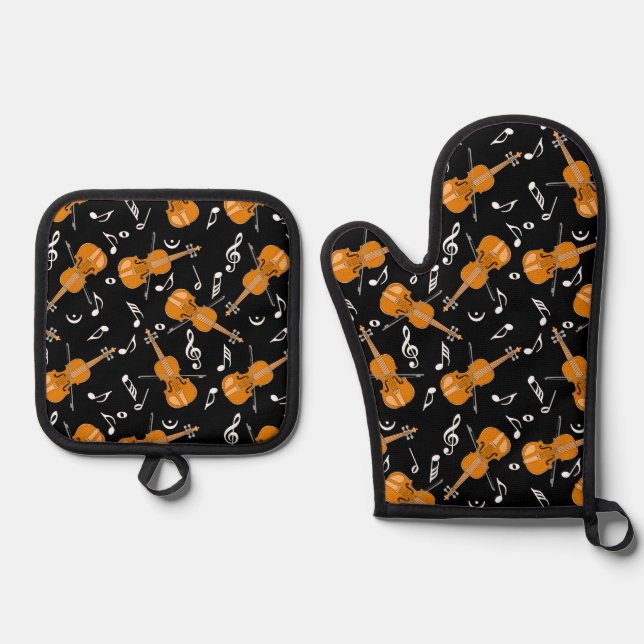 Violin Music Notes Oven Mitt & Pot Holder Set (Front)