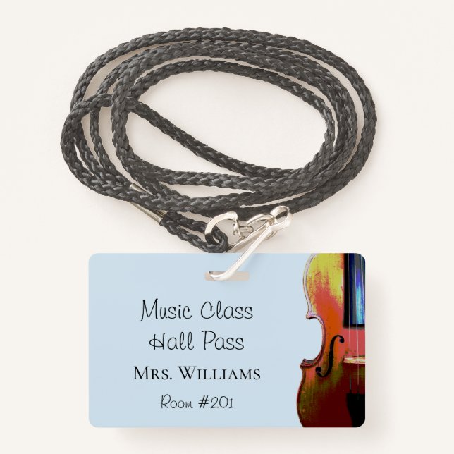 Violin Music Orchestra Class Blue Hall Pass Badge (Front with Lanyard)