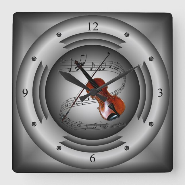 Violin ~ Musical Scroll ~ Silver Speaker ~ A Great Square Wall Clock (Front)