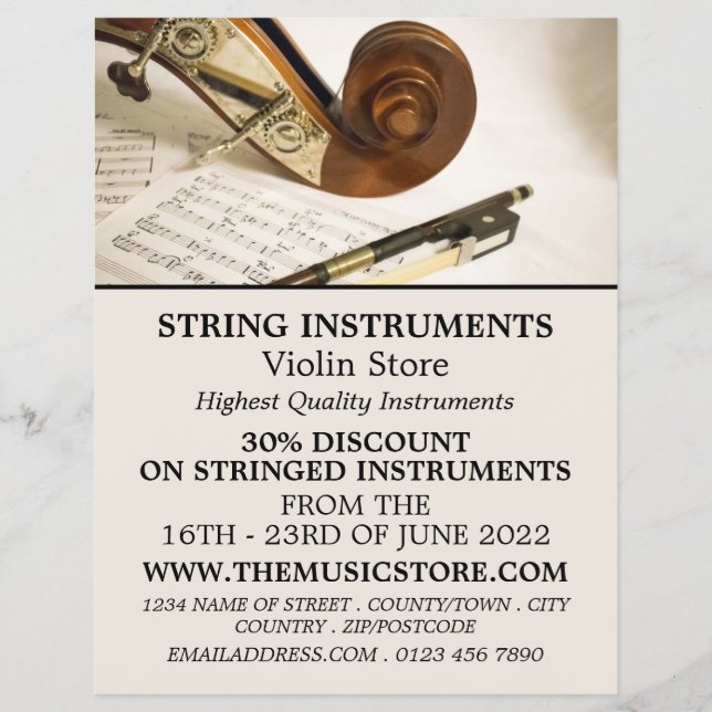 Violin Note Sheet, Musical Instrument Store Flyer (Front)