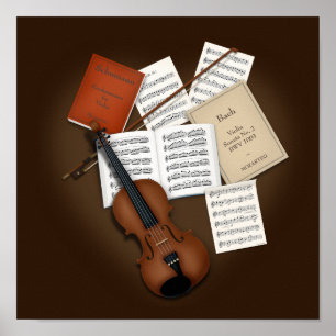 Violin on a Pile of Music Scores Customizable Poster