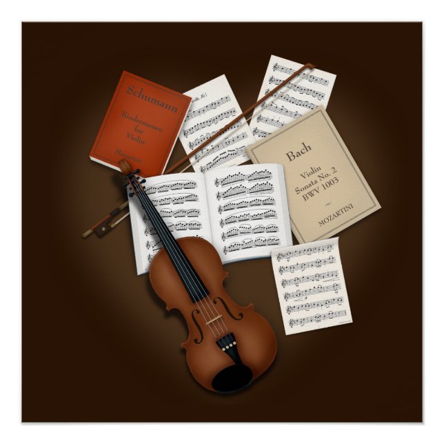 Violin on a Pile of Music Scores Customizable Poster (Front)