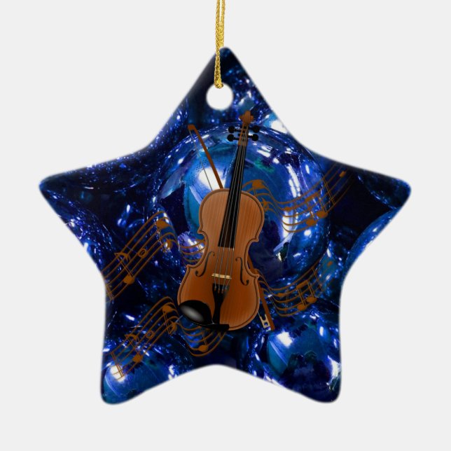 Violin on Christmas Blue Baubles Ceramic Ornament (Front)