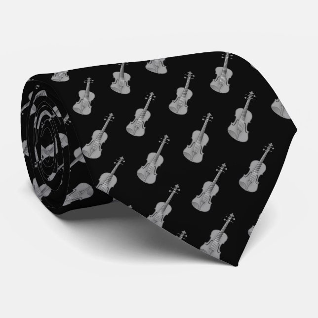 Violin Pattern - Black Silver Grey Grey White  Tie (Rolled)