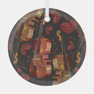 Violin Red Heart Music Pattern Glass Ornament