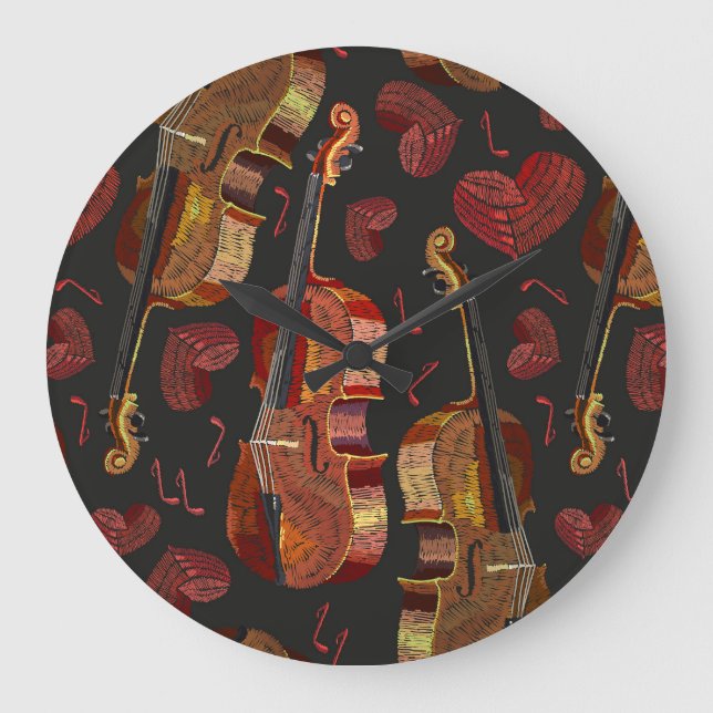 Violin Red Heart Music Pattern Large Clock (Front)