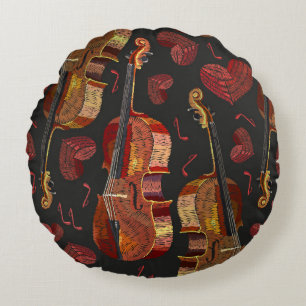 Violin Red Heart Music Pattern Round Pillow
