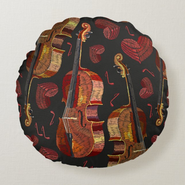 Violin Red Heart Music Pattern Round Pillow (Front)