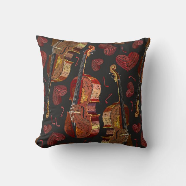 Violin Red Heart Music Pattern Throw Pillow (Front)