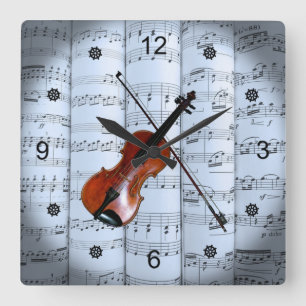 Violin ~ Rolled Sheet Music ~ Blue Tint Background Square Wall Clock