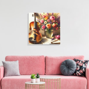 Violin, Sheet Music and a Vase of Flowers  Canvas Print