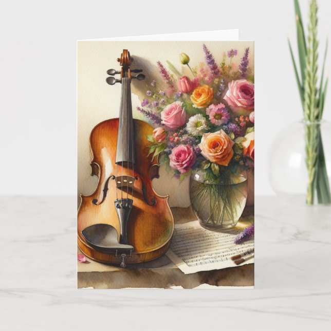 Violin, Sheet Music and a Vase of Flowers  Card (Front)