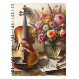 Violin, Sheet Music and a Vase of Flowers  Notebook