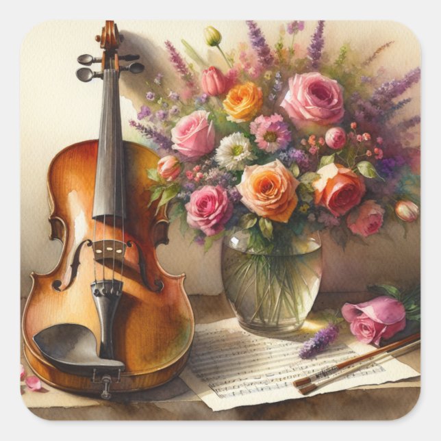 Violin, Sheet Music and a Vase of Flowers  Square Sticker (Front)