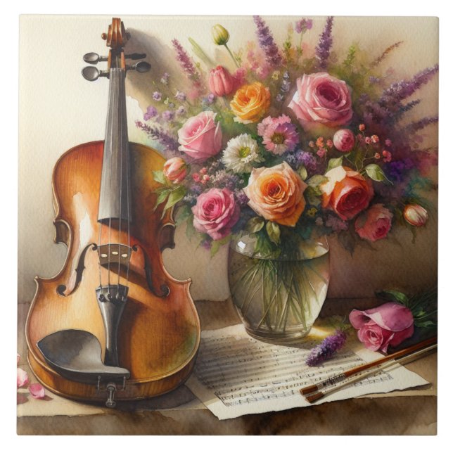 Violin, Sheet Music and a Vase of Flowers  Tile (Front)