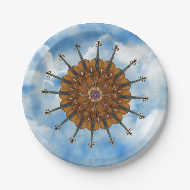 Violin Sunflower in Cloudy Blue Sky Paper Plate (Front)