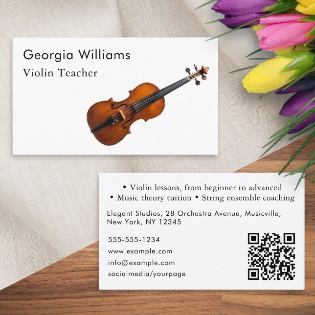Violin Teacher Musical Instrument Tutor QR Code Business Card (An elegant, customizable business card for a violin teacher, with scannable QR code)