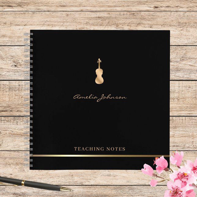 Violin Teacher Stylish Script Music Gold Black Notebook (Creator Uploaded)