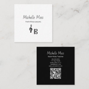Violin Viola Music Lessons QR code Black White Square Business Card