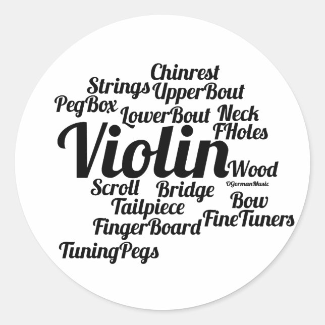 Violin Word Cloud Black Text Classic Round Sticker (Front)