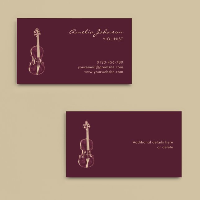Violinist Burgundy Elegant Script Music Teacher Business Card (Creator Uploaded)