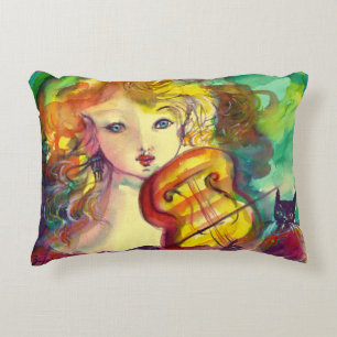 VIOLINIST GIRL ,VIOLIN  AND CAT ACCENT PILLOW