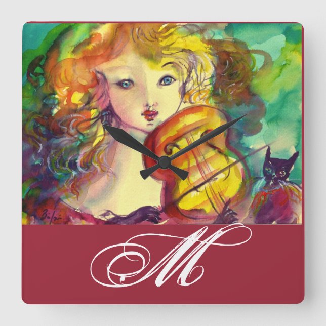 VIOLINIST GIRL ,VIOLIN  AND CAT MONOGRAM SQUARE WALL CLOCK (Front)