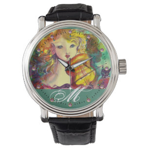 VIOLINIST GIRL ,VIOLIN  AND CAT MONOGRAM WATCH