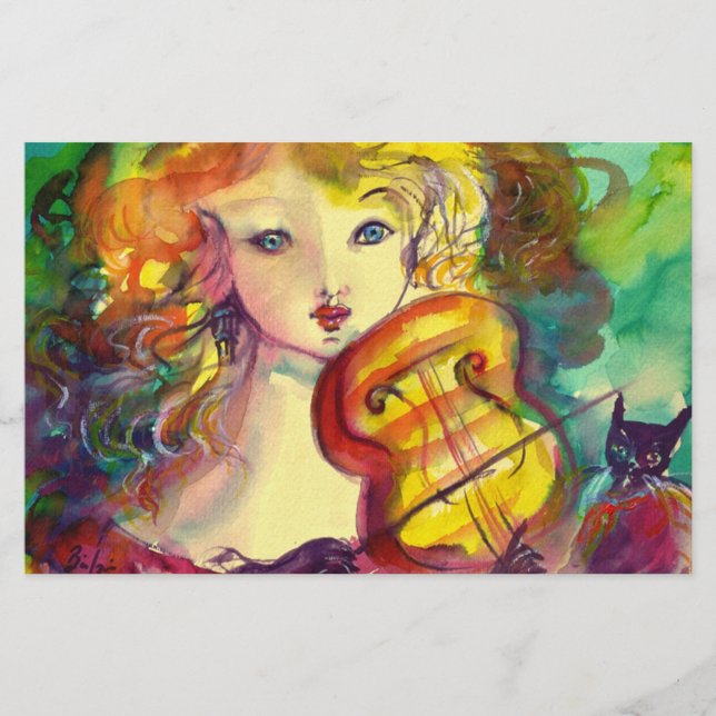 VIOLINIST GIRL ,VIOLIN  AND CAT STATIONERY (Front)