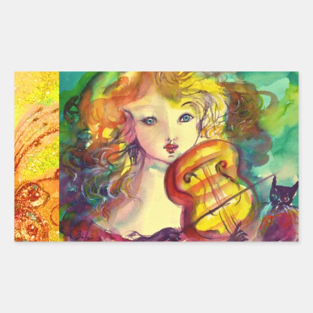 VIOLINIST GIRL ,VIOLIN  AND CAT STICKER (Front)
