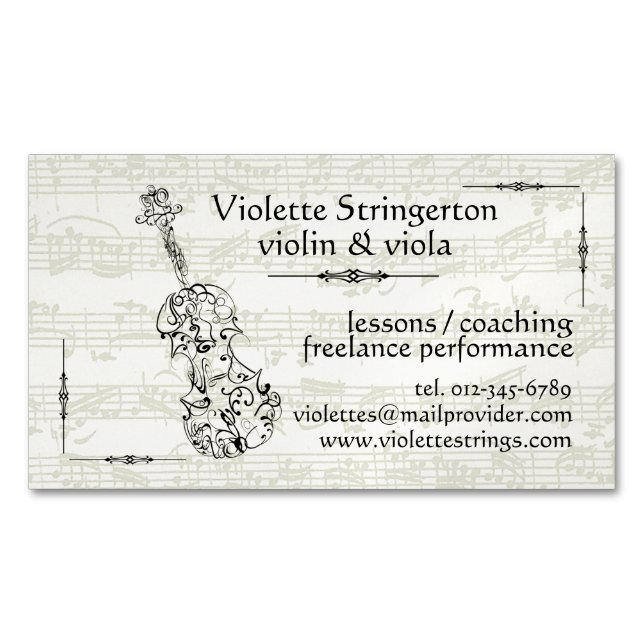 Violinist or Violist Line Drawing Bach Backdrop Magnetic Business Card (Front)