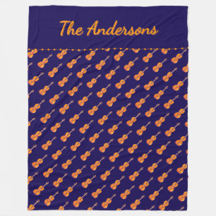 Violins Music Themed Pattern Navy Personalized Fleece Blanket