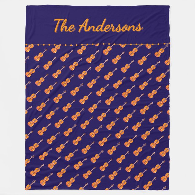 Violins Music Themed Pattern Navy Personalized Fleece Blanket (Front)