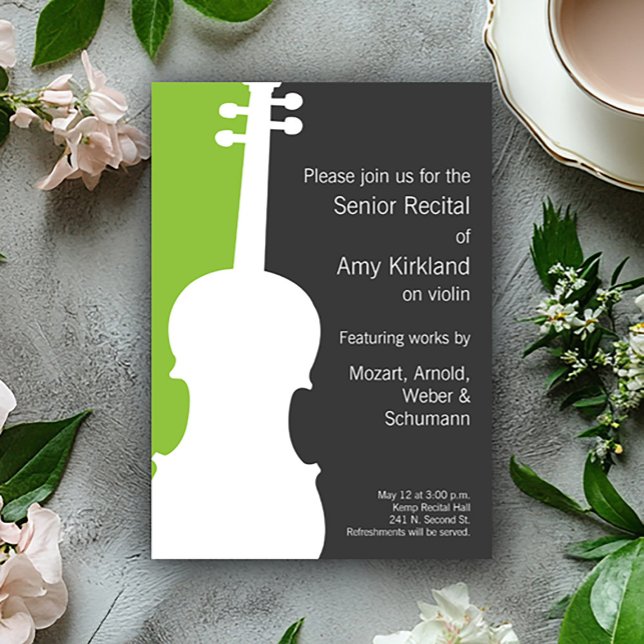 Violon moderne / Viola Considérant Invitation - Ve (Modern violin senior recital invitations in green.)