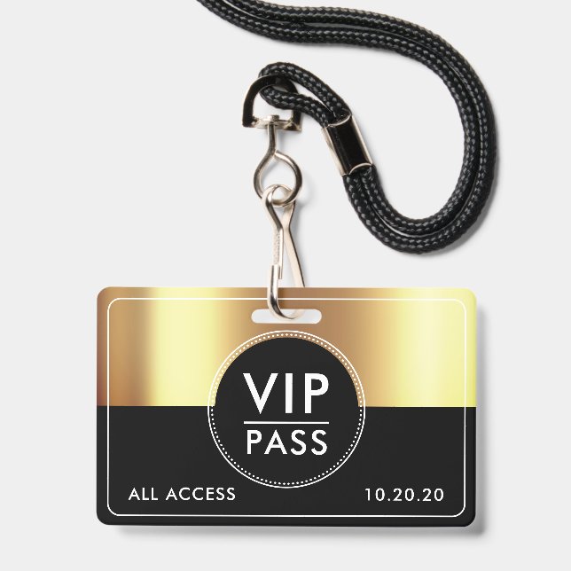 VIP All Access Event Metallic Gold Black Badge (Front with Lanyard)