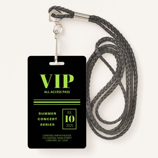 VIP All Access Fluorescent Green Badge (Front with Lanyard)