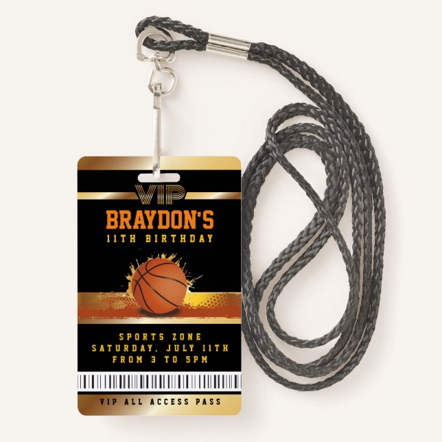 VIP Basketball Birthday ALL ACCESS Gold Pass Badge (Front with Lanyard)