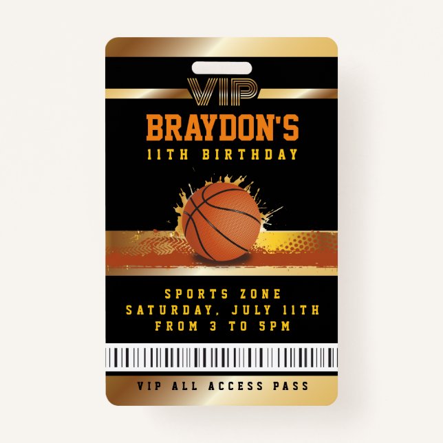VIP Basketball Birthday ALL ACCESS Gold Pass Badge (Front)