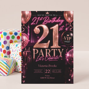 VIP Club Night 21st Pink Black Birthday Party Invitation