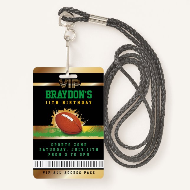 VIP Football Birthday ALL ACCESS Gold Pass Badge (Front with Lanyard)