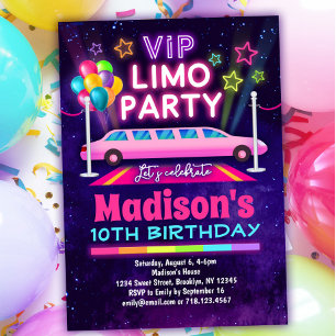 VIP Limo Party Birthday Invitation Rainbow Colours