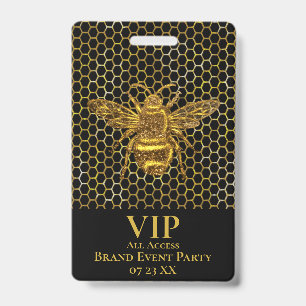 VIP Pass Elegant Black Gold Sparkling Queen Bee Badge
