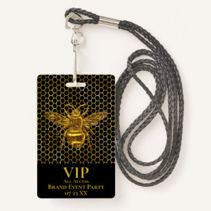 VIP Pass Elegant Black Gold Sparkling Queen Bee Badge