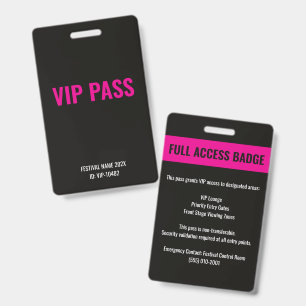 VIP Pass Full Access Music Festival Pink Black Badge