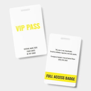VIP Pass Full Access White Yellow Music Festival Badge