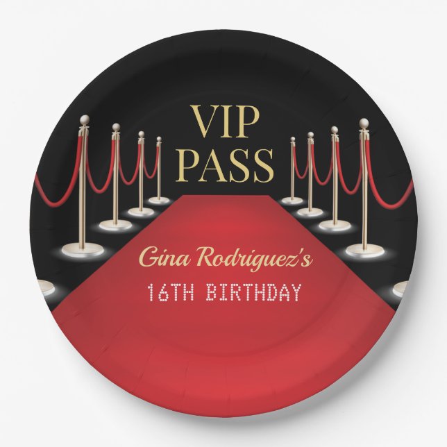 VIP Pass Hollywood Red Carpet Birthday Paper Plate (Front)