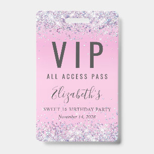 VIP Pass Pink Glitter Sweet 16 Birthday Party Badge