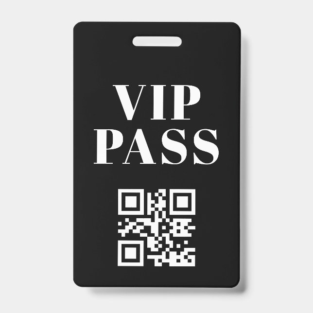 vip pass qr code minimalist modern black white badge (Front)